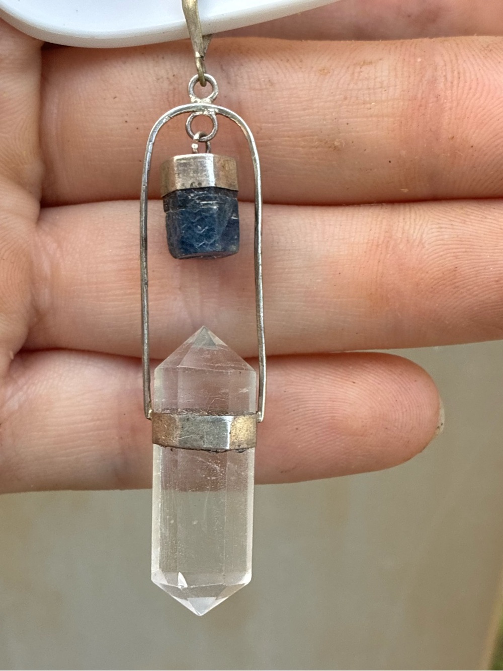 Huge genuine raw blue sapphire / crystal point solid sterling pendant